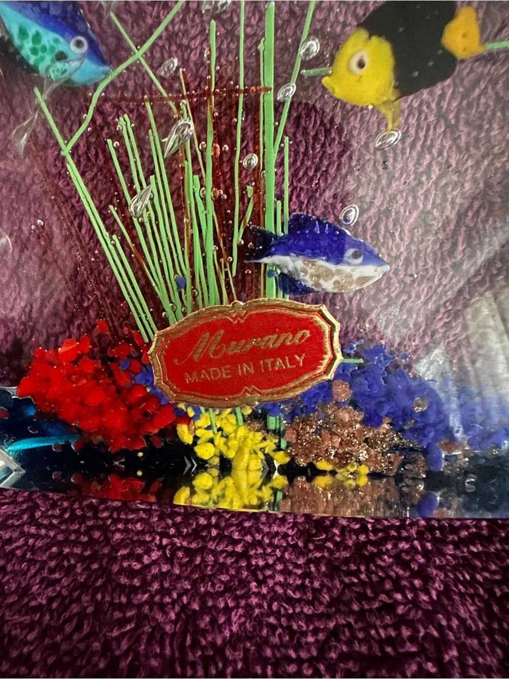 Murano Multicolor Glass Aquarium Sculpture with Blue, Green, Yellow and Red Fish